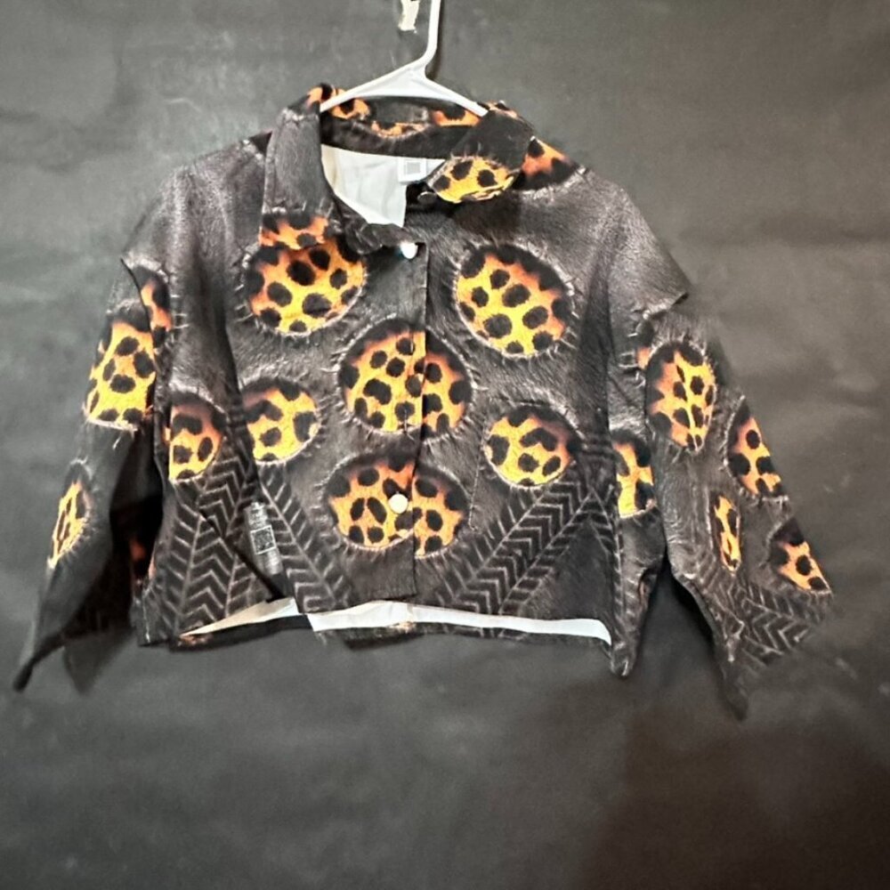 Leopard Print Crop Jacket Black Cotton Long Sleeve Streetwear Size xL Grunge - Picture 2 of 10